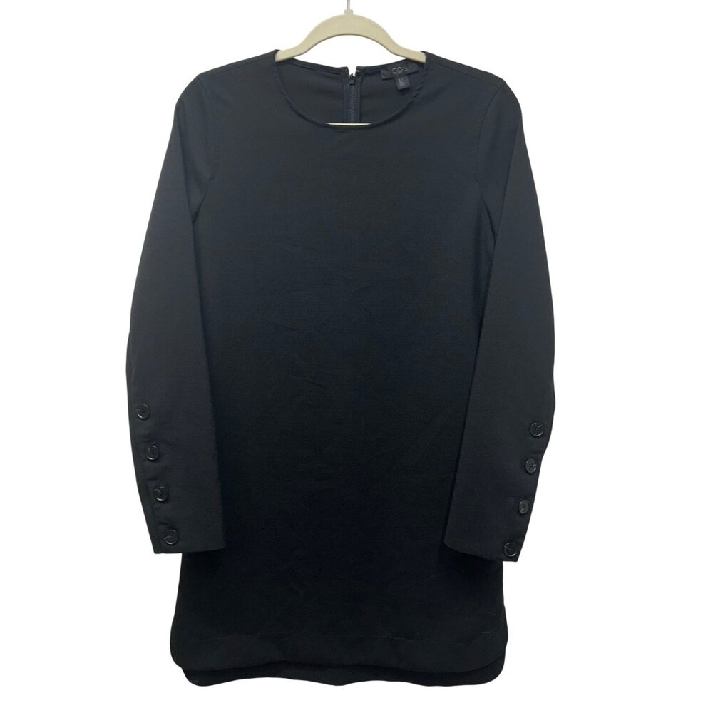 COS Black Long-Sleeve Button Cuff Shift Dress US 6 Polyester/Wool Blend